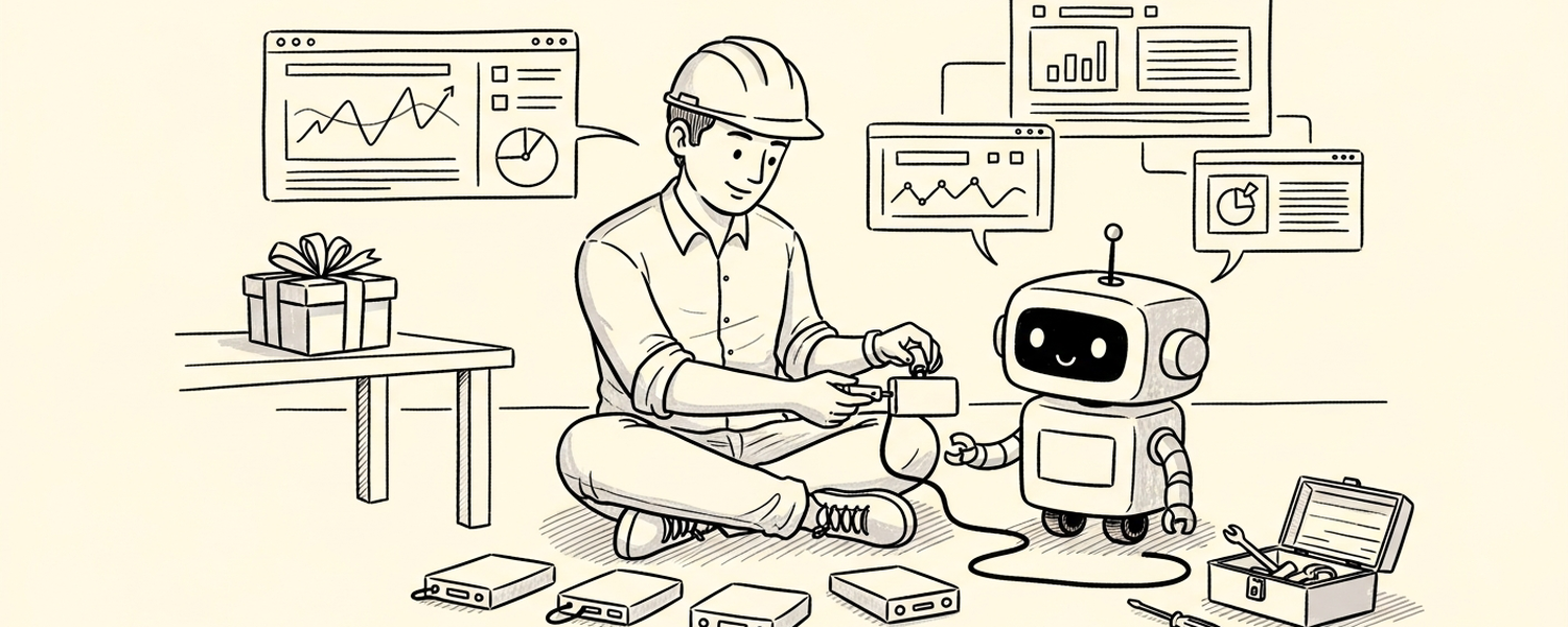 Engineer handing tools to an AI robot on the floor