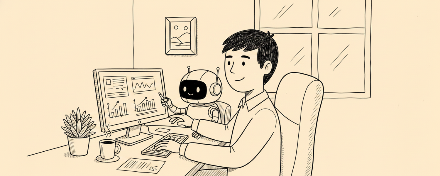 A friendly engineer and a small robot working side by side at a cozy desk