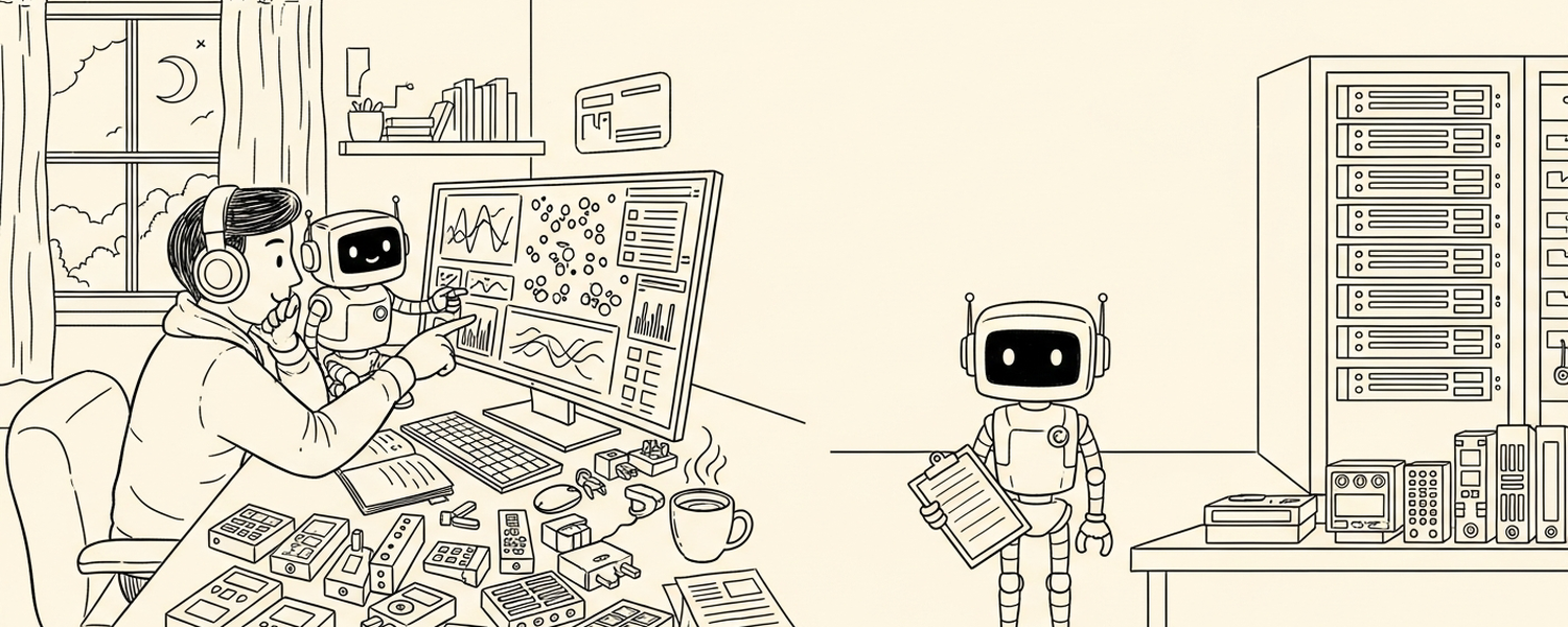 Engineer pair-investigating with an AI on the left, robot alone in the server room on the right