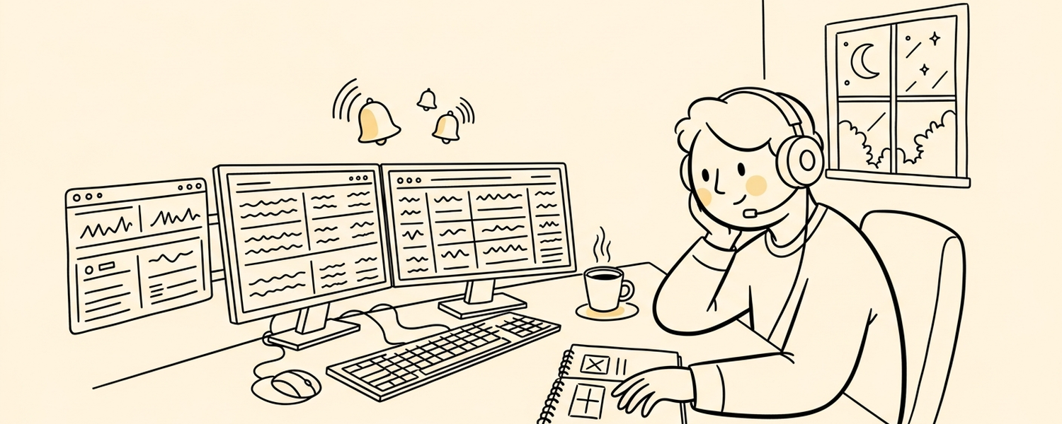 On-call engineer at multi-monitor setup with alert bells