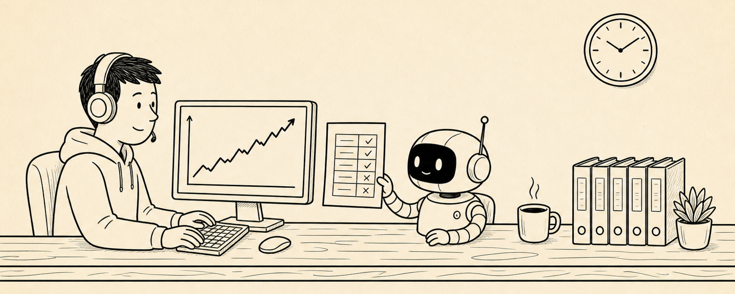 Hand-drawn line art of a long desk — an engineer in headphones typing at a monitor whose graph climbs in a steady sawtooth, a small robot beside them holding up a one-page report with rows of checkmarks and crosses, and a row of binders, a coffee mug, and a succulent under a wall clock