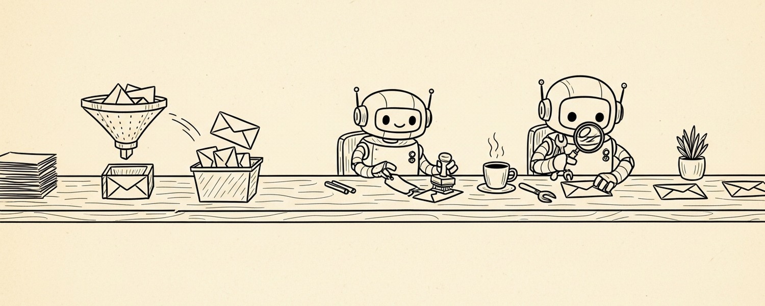 A horizontal three-stage funnel — many envelopes flowing in, a gear filter, a small tagging robot, then a larger investigating robot at the end