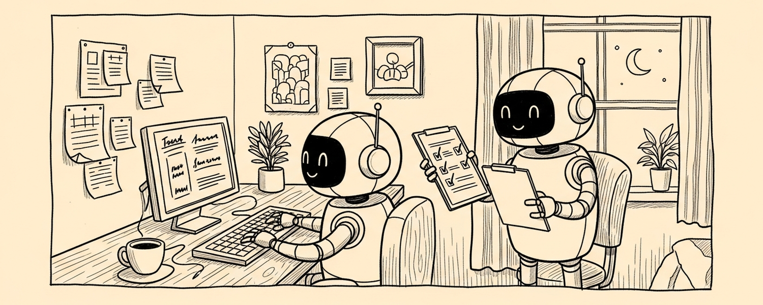 One robot typing a triage note, a second robot reviewing it with a clipboard, sticky-note prompt patches floating between them