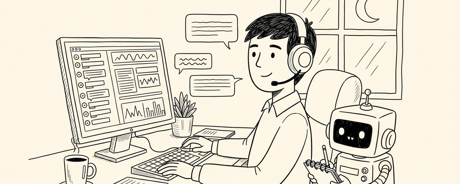 On-call engineer with AI robot partner at the desk