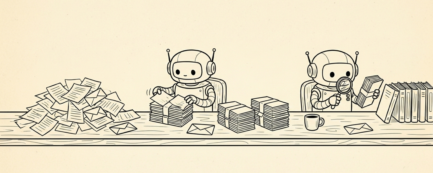 Hand-drawn line art of a long desk — a heap of loose tickets at one end, a small robot sorting them into banded stacks in the middle, and a second robot holding one stack up against a shelf of bound articles with a magnifying glass