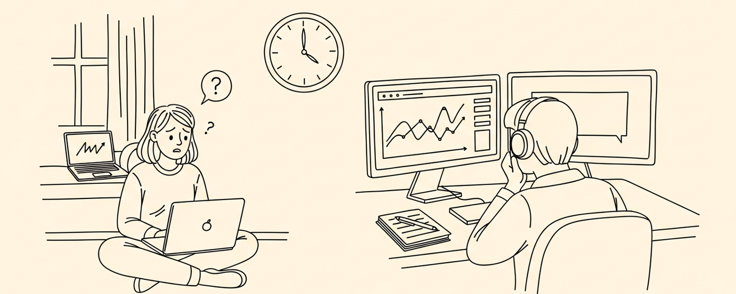 Confused customer with laptop while engineer watches dashboards