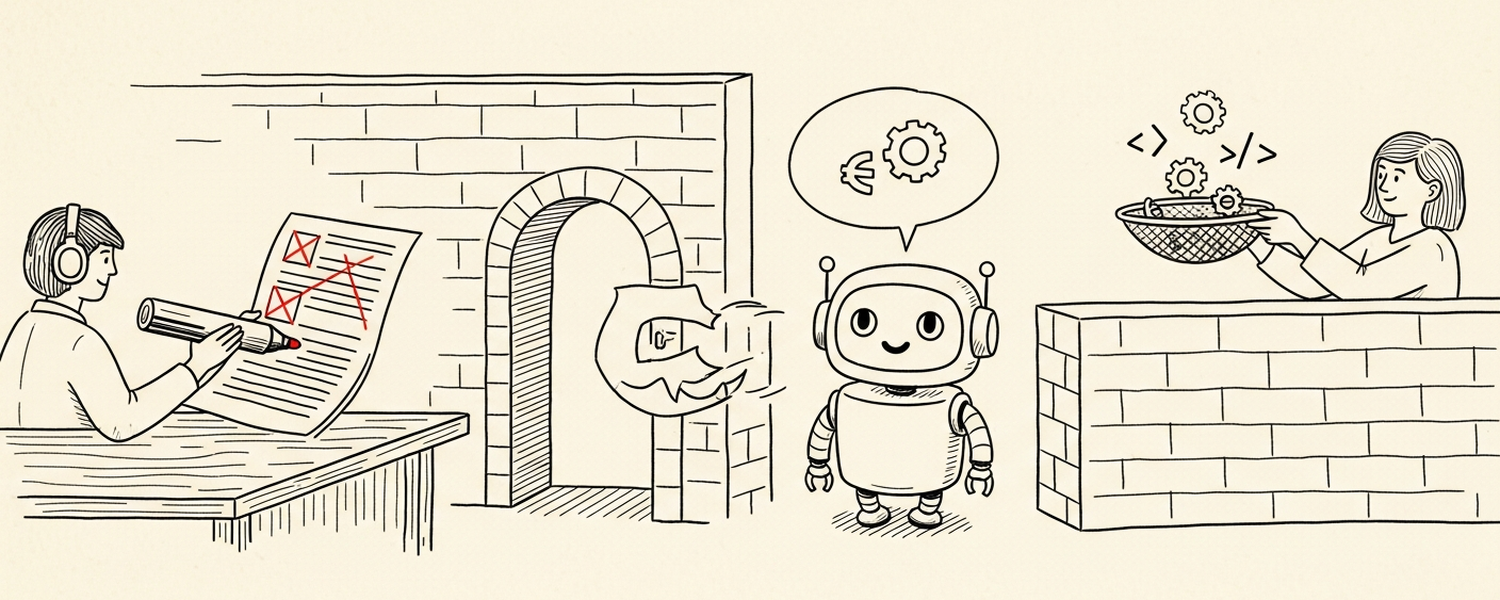 Engineer redacting a document on the left, another holding a sieve catching dangerous symbols on the right, robot in the middle behind two walls