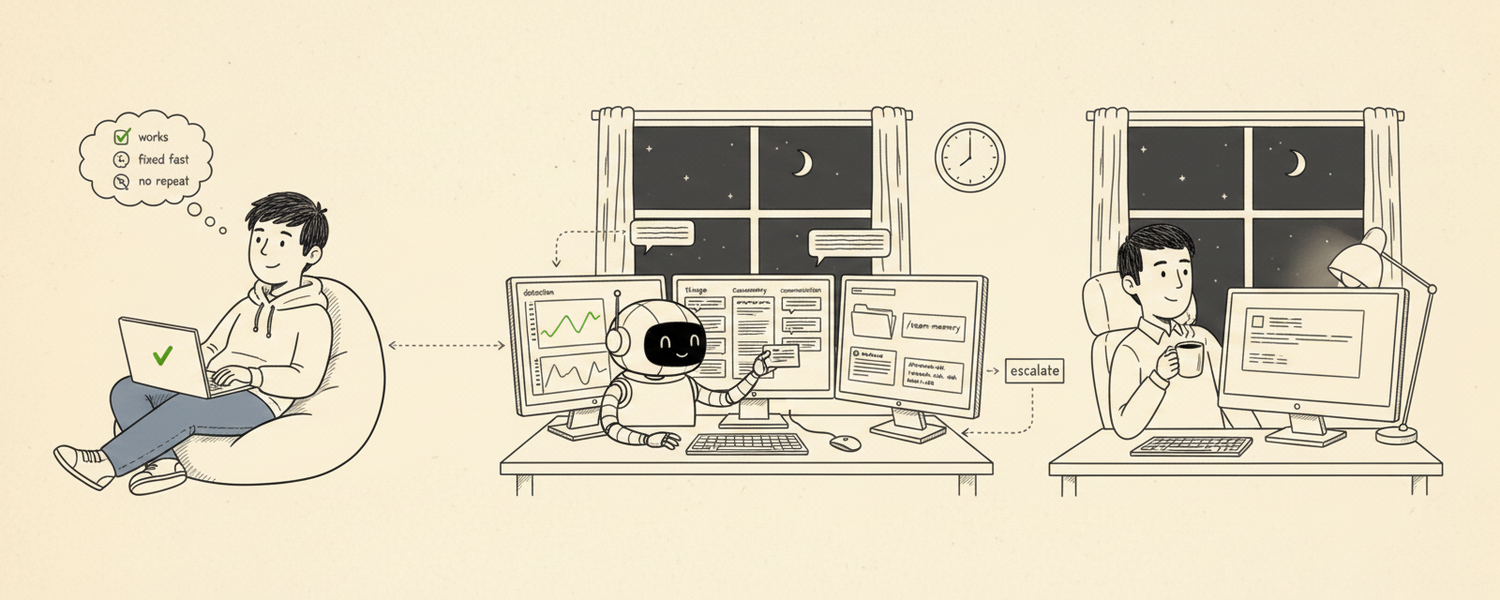 A robot at an on-call desk sorting incoming alerts while a human engineer drinks coffee with one tidy summary on the screen